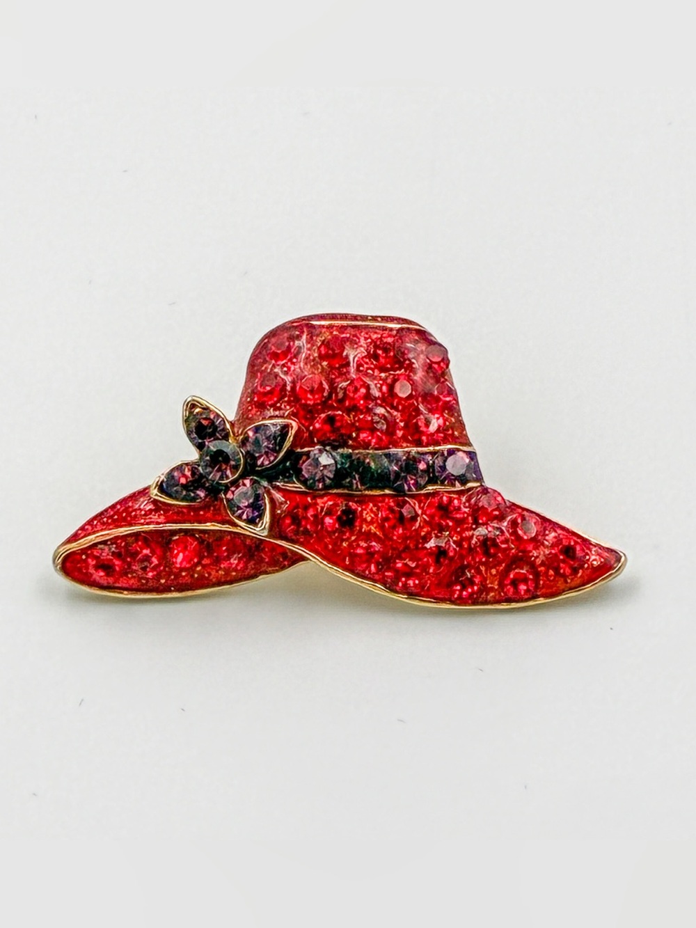 Vintage Rhinestone Red Hat Society Brooch Pin Red w/ Purple Ribbon & Flower